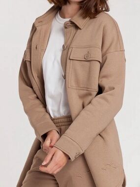 Lazypants Camel Fleece Shacket Utility Jacket Button Front Size M